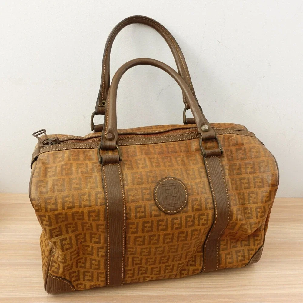 Vintage Fendi Boston Bag‎ M Brown Forever Bauletto Zucchino Monogram PVC ITALY